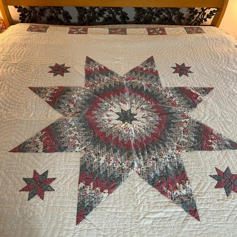 VTG quilt Lone Star Patchwork Quilt Pink Blue Floral Farmhouse Bedding 81